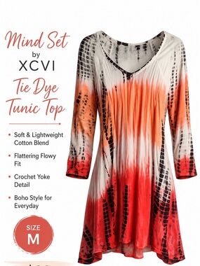 Mind Set by XCVI Tie Dye Tunic Top Medium Orange Red Crochet Yoke Boho